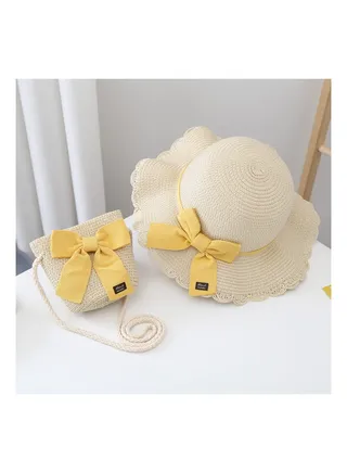 Summer Children's Sun Protection Hat, Straw Hat Bag set, Large Brim Sun Protection Hat 