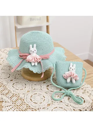 Children's Cartoon Pink Skirt Little Rabbit Straw Hat Hat Bag Two Piece Set 