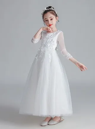 Girl'S Long Sequin Gown With Long Sleeves For birthday Party Dress White Color 