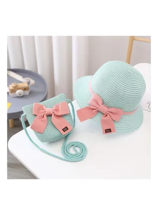 Summer Children's Sun Protection Hat, Straw Hat Bag set, Large Brim Sun Protection Hat 
