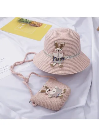 Children's Cute Parent Child Beach Hat Straw Hat Bag Set Baby Sunshade Fisherman Hat Sun Hat 