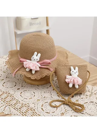 Children's Cartoon Pink Skirt Little Rabbit Straw Hat Hat Bag Two Piece Set 