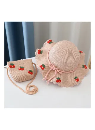 Summer Children's Straw Hat Bag Set With Large Brim Sun Hat and Cool Hat 