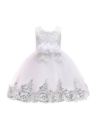 Hand-stitched Sequins Flower Mesh Dress White 