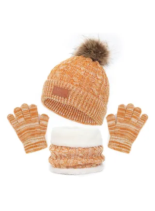 Kids Winter Beanie Hat Scarf Gloves Set for 2-6 Years Old, Toddler Winter Knit Hat Gloves Neck Warmer with Fleece Lined, Yellow 
