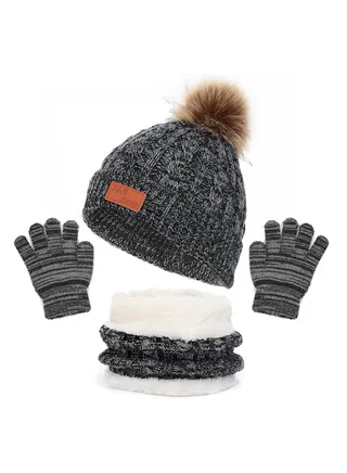Kids Winter Beanie Hat Scarf Gloves Set for 2-6 Years Old, Toddler Winter Knit Hat Gloves Neck Warmer with Fleece Lined, Grey 