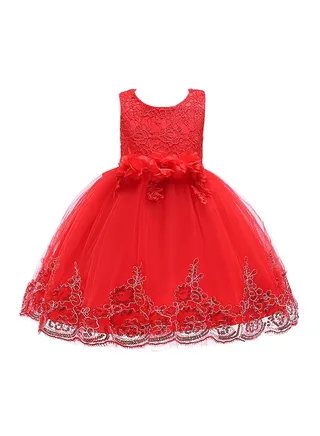 Hand-stitched Sequins Flower Mesh Dress Red 