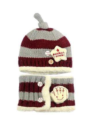 Warm Knitted Striped Beanie With Scarf Grey/Burgundy 
