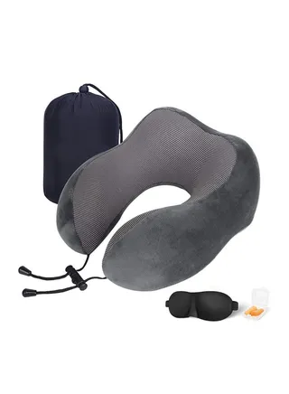 Travel Pillow 100% Pure Memory Foam Neck Pillow, Comfortable & Breathable Cover, Machine Washable, Airplane Travel Kit with 3D Contoured Eye Masks, Earplugs, and Luxury Bag, Standard 