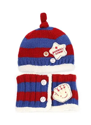 Warm Knitted Striped Beanie With Scarf Blue/Red 