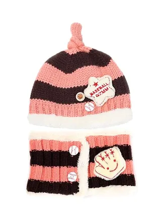 Warm Knitted Striped Beanie With Scarf Brown/Pink 