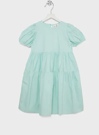 Girls Solid Puff Sleeve Dress 