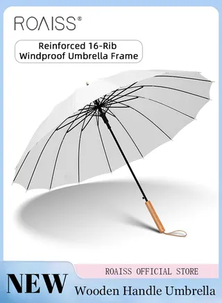 Unisex Multifunctional Long Handle Umbrella with Reinforced Fiberglass Ribs for Effective Wind Rain and Sun Protection Integrated Wooden Handle Grip 16 Rib Design 