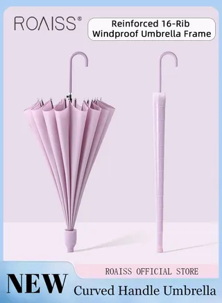 Unisex Multifunctional Long-Handled Umbrella with Enlarged Surface Three-Layer Rainproof and Windproof Curved Hook for Easy Gripping 16-Rib Design for Rain and Sun 