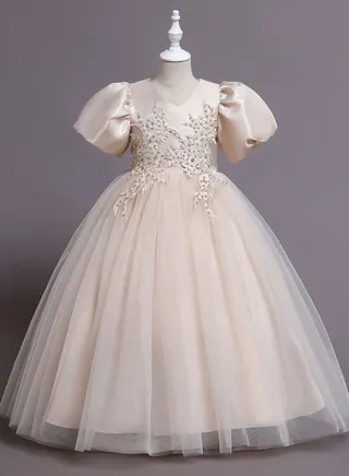 Children's New Fashion Princess Puff Sleeve Festive Dress For Birthday Party Champagne Color 