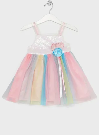 Nauti Nati Girls Multicolor Embellished Yoke Fit & Flare Net Dress 