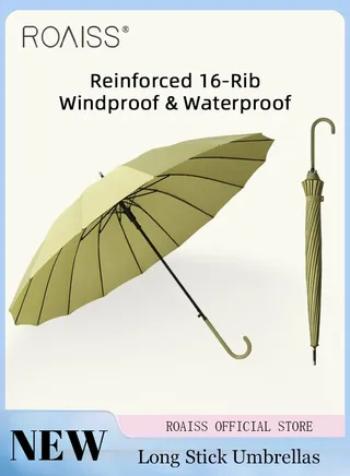 Unisex Straight-Pole Long Handle Umbrella with High-Density Waterproof Coating Leather Handle Curved Hook for Easy Grip Semi-Auto 16 Rib Reinforcement Design for Rain Sun and Wind 