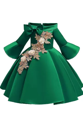 Half Sleeve Satin Elegent Lace Flower Girls Dress Green Color 