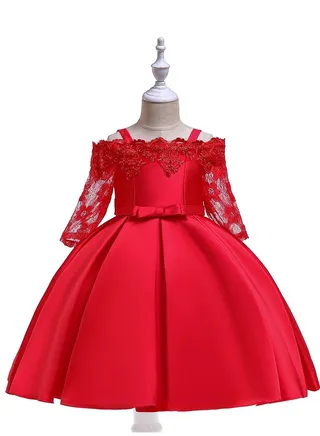 Kids Clothing Satin Elegant Lace Dresses Red Color 