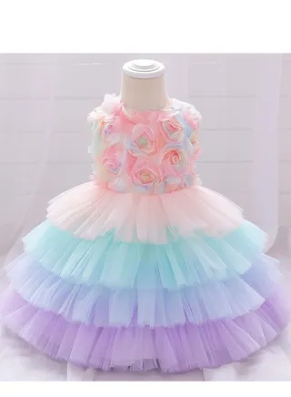 Floral Gown Kids Party Dress Clothes Multicolour 