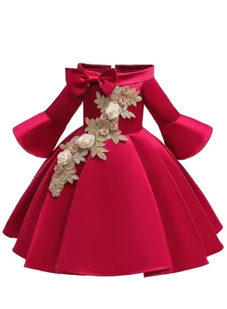 Half Sleeve Satin Elegent Lace Flower Girls Dress Red Color 