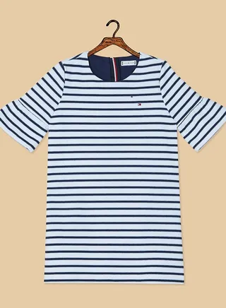 Round Neck Multi Stripe Shift Dress White/Black 
