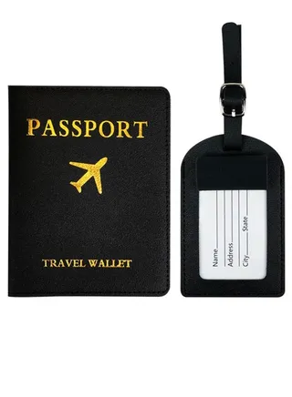 Leather Passport Covers and Luggage Tags Set,Passport Holder,Luggage Tag (Black) 