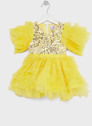 Girls Sequins Embellished Ruffle Evening Dress 