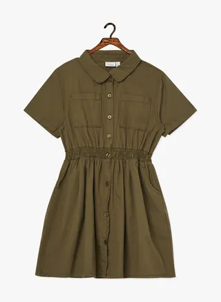Elasticated Waist Shirt Dress Olive 