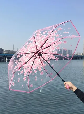 Stylish Three Fold Clear Transparent Print Sunshade Rain Umbrella For Gils Ladies Women Pink 