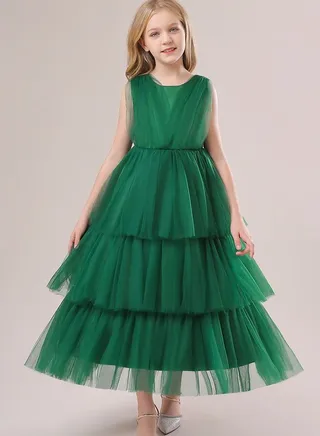 Elegent green layered mesh long party dress for girls 