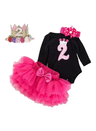 4-Piece Happy Second Birthday Princess Dress Set Pink/Black 
