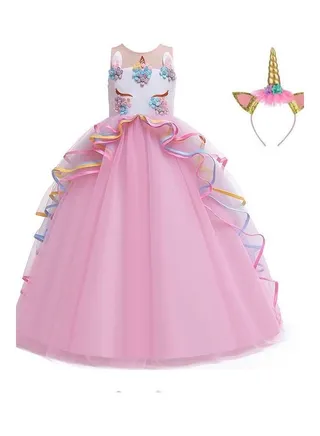 Girls Unicorn Floral Birthday Party Wear Princess Tutu Dresses Pink 