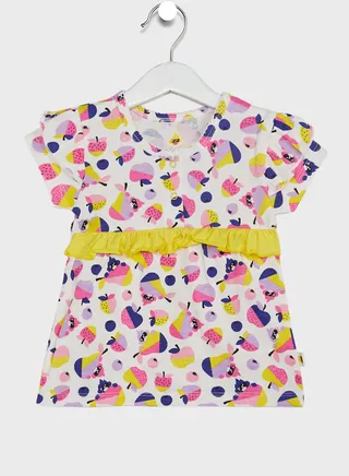Infant Fruits Print Frill & Ruffle Dress 