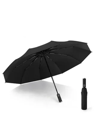 Windproof 10 RIBS Auto Open & Close Collapsible Folding Small Compact Umbrella for Rain and Sun Black 