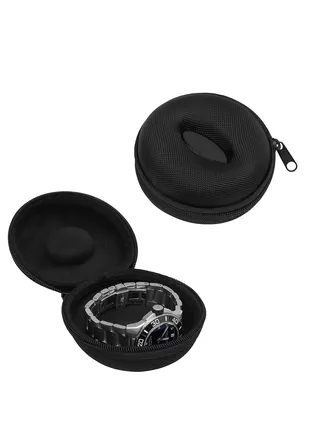Watch Case Travel Single Watch Storage Box Zipper for Cushioned Round Portable Watch Case for Women Men Travel Fits All Wristwatches Smart Watches Box Leather Up to 50mm Black 