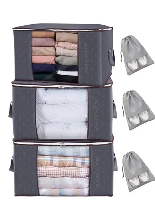 Large Capacity 3 Pack 90L Clothes Storage Bag Organizer with Reinforced Handle and 3 Pack Storage Shoe Bags,Thick Fabric for Comforters,Blankets,Bedding,Bins Bags Clear Window 