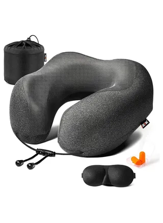 Travel Pillow 100% Pure Memory Foam Neck Pillow, Comfortable & Breathable Cover, Machine Washable, Airplane Travel Kit with 3D Contoured Eye Masks, Earplugs, and Luxury Bag, Standard (Black) 