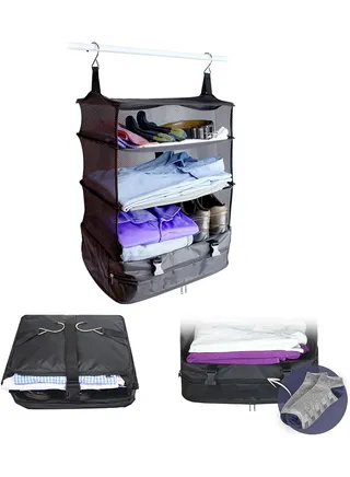 Hanging Closet Storage Bag Collapsible 3-Shelf Washable Oxford Fabric with 2 Hooks,Travel Luggage Organizer With Packing Cube Space Saver Built In Hanging Shelves 