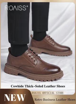 Men Vintage Business Casual Leather Shoes Thick Soled Head Leather Shoes for Men Dress Boots with British Style  Low Cut Work Boot Design 