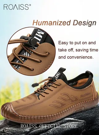 New Mens Casual Drawstring Non-slip Soft Sole Flat Shoes Fashion Round Toe Shoes Daily Hand Stitched Leather Shoes 