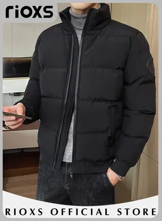 Mens Casual Winter Down Cotton Jacket Warm & Lightweight Puffer Coat with Standing Collar and Slim Fit Windproof Outdoor Jacket 
