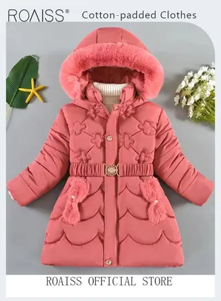 Children's Soft and Skin-Friendly Mid-Length Winter Coat with Fleece and Fur Collar—Solid Color Down Jacket with Simple Design and Zip Featuring Cartoon Pattern 
