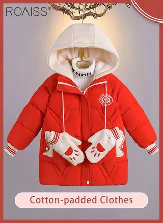 Children's Soft and Skin-Friendly Mid-Length Winter Coat with Fleece Hooded Solid Color Down Jacket with Simple Design and Zip Featuring Cartoon Pattern 