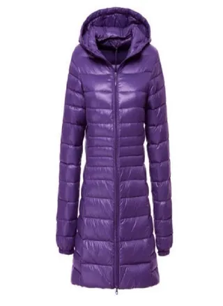 Women's Winter Long Down Jacket Ultra Light White Duck Down Warm Slim Parkas Coat Casual Hooded Coat 