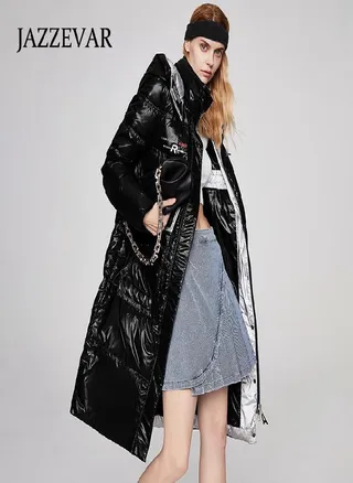 JAZZEVAR Women's Winter New Hooded High-end Down Jacket Thickened White Duck Down Medium and Long Jacket 