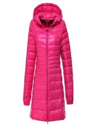 Women's Winter Long Down Jacket Ultra Light White Duck Down Warm Slim Parkas Coat Casual Hooded Coat 