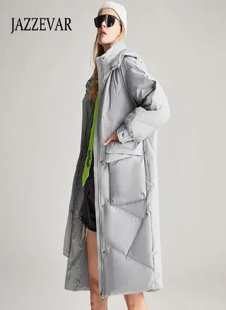 JAZZEVAR Medium and Long Down Jacket Female White Duck Down Hooded Jacket Thickened Warm Loose High-end Jacket 