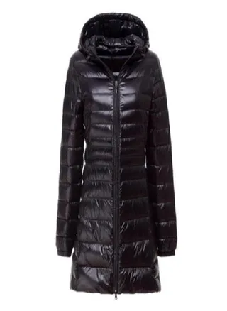 Women's Winter Long Down Jacket Ultra Light White Duck Down Warm Slim Parkas Coat Casual Hooded Coat 