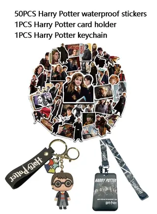 52PCS Harry Potter Combination Set (Including 50 Waterproof Stickers  1 Keychain  1 Card Holder) 